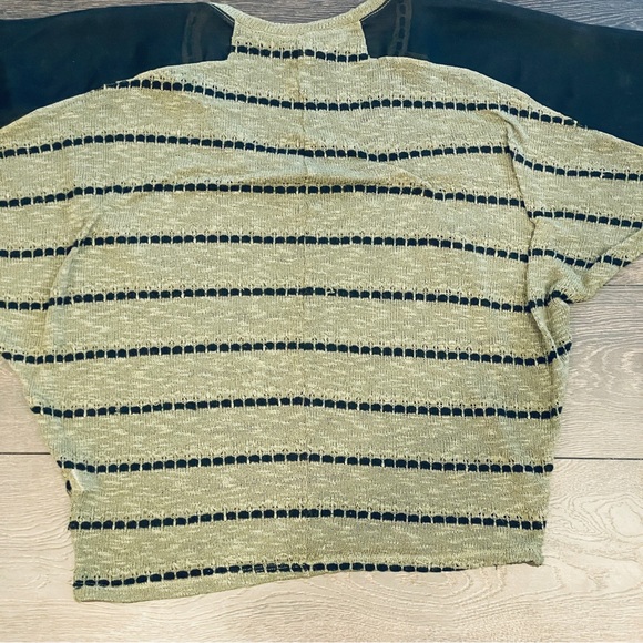 Harmony Mesh 3/4 Sleeve Olive Green Striped See Through Woven Slouchy Sweater - Picture 8 of 16